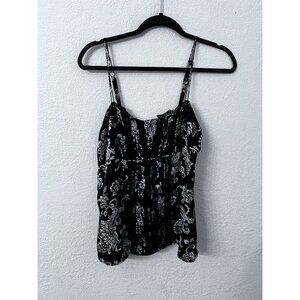 White House Black Market Black & White Floral Print Lace Trim silk Camisole M